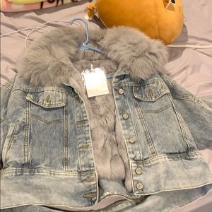 Women's Gray Denim Jacket with Faux Fur Lining